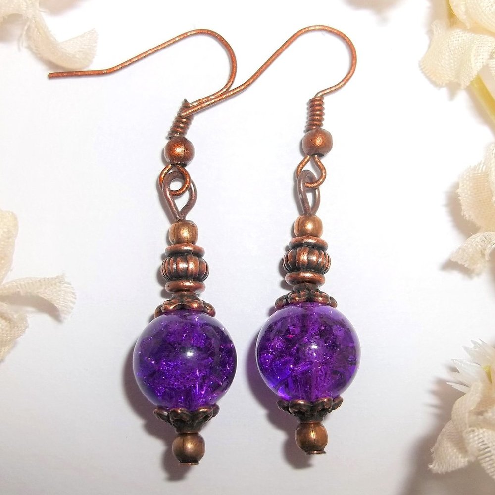 Boho Beaded Dangle Earring Set Purple and Copper Fashion Jewelry Accessory 7089 - Picture 1 of 9